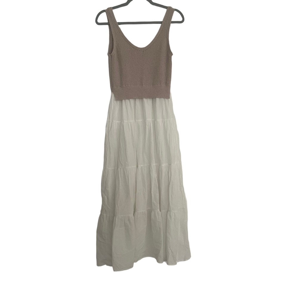 Elan Maxi Dress Womens Small Taupe White Knit Lined Tiered Mixed Media Boho Chic
